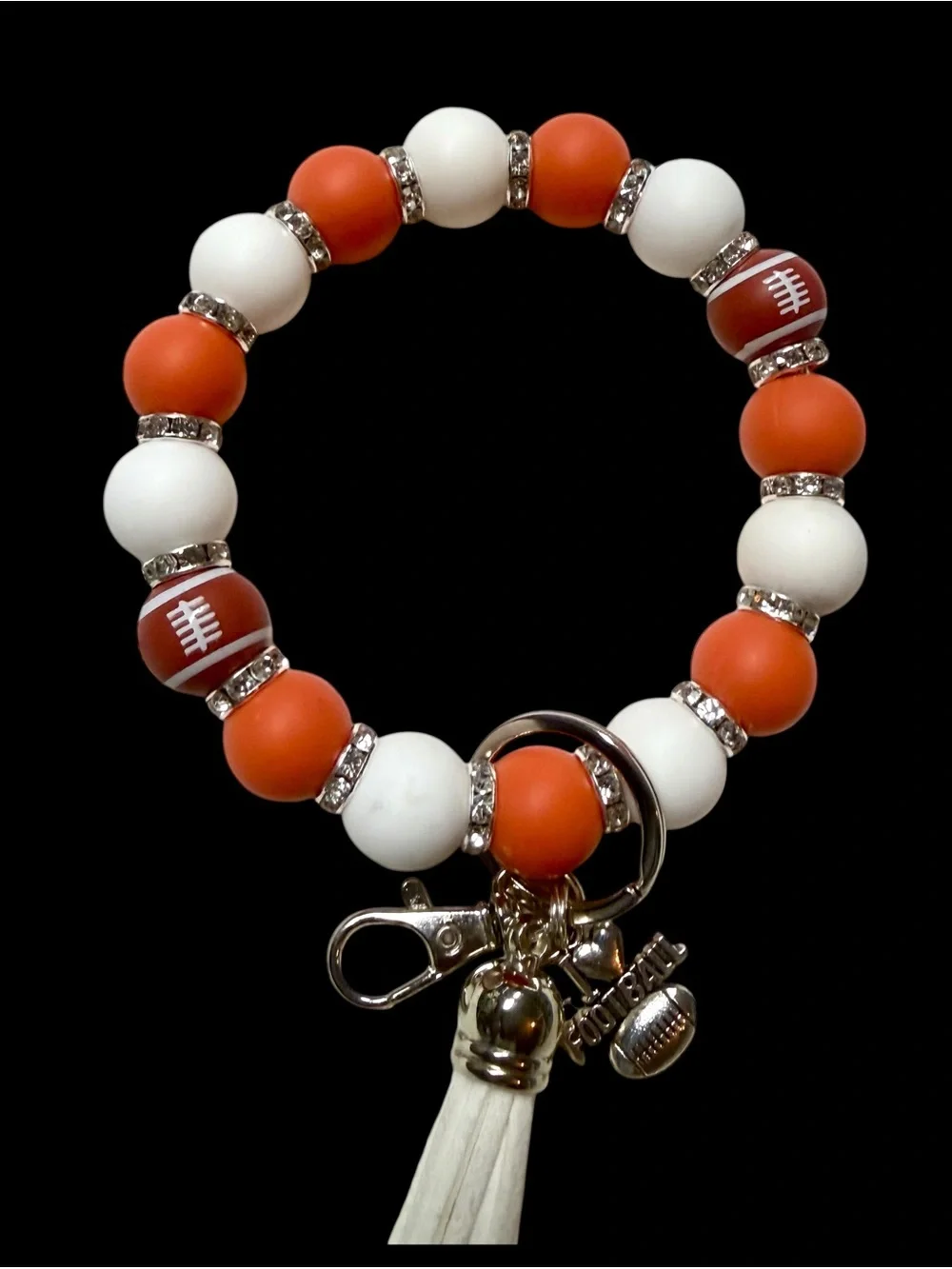 Burnt Orange and White TX Football Silicone Bead Wristlet Keychain Handmade